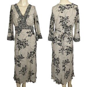 Jonathan Martin Dress sz 10 beige black Floral Print V-Neck Empire waist Vintage